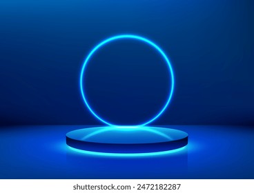 3D blue podium with neon light circle glows behind a podium in a dark room, technology concept, product display, mockup, showroom, showcase