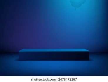 3D Blue Podium on Dark Blue Background for Technology Concept Product Display and Mockup Showroom Showcase