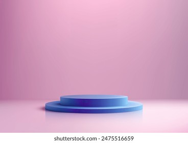 Podio azul 3D sobre fondo rosa sólido, maqueta de la exhibición del Producto del estilo mínimo, diseño del escaparate de la sala de exposición