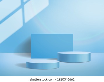 3d blue podium and pedestal on pastel blue backgound with shadow, Studio stage for advertising Scene to show cosmetic product, Showcase vector.