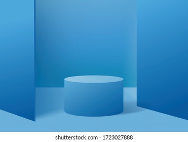 3D blue podium rendering vector on blue abstract geometric background or texture. Blue pastel podium 3d or pedestal backdrop. Blank minimal design podium concept. Podium 3d for product on platform