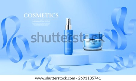 3d blue podium with ribbons and cosmetics package. Realistic vector product presentation of anti aging and lifting cream packaging. Elegant display with floating ribbons, beauty skincare advertisement