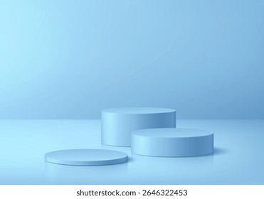 3D blue podium set background in empty clean room empty space. Abstract composition in minimalist design. Studio display showroom cosmetic product pedestal, Fashion stage showcase mockup scene.