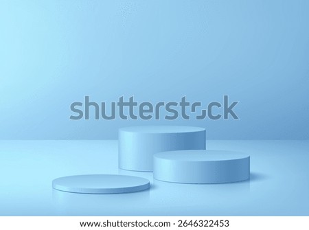 3D blue podium set background in empty clean room empty space. Abstract composition in minimalist design. Studio display showroom cosmetic product pedestal, Fashion stage showcase mockup scene.