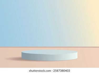 3D blue podium with shadow stands on beige surface with blue sky in the background. Modern concept, product demonstration, mockup. Vector illustration
