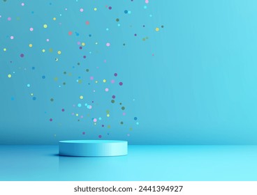 3D blue podium showered in colorful confetti on a blue background, Award ceremony cobcept. Vector illustration