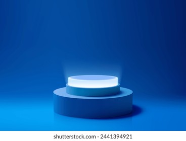 3D blue podium with a spotlight on bottom against a blue background, Product display, Mockup. Vector illustration