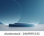 3D blue podium stand with circle glass backdrop is perfect for modern interior concept product display mockups. The stand is set on a floor and soft blue background
