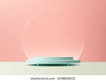 3D blue podium stand with circle glass backdrop is perfect for modern interior concept product display mockups. The stand is set on a floor and pink background. Vector illustration