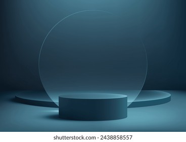 3D blue podium stand with circle glass backdrop is perfect for modern interior concept product display mockups. The stand is set on a floor and dark blue background. Vector illustration