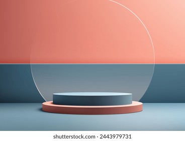 3D blue podium stand with circle glass backdrop minimal wall scene background is perfect for modern interior concept product display mockups. Vector illustration