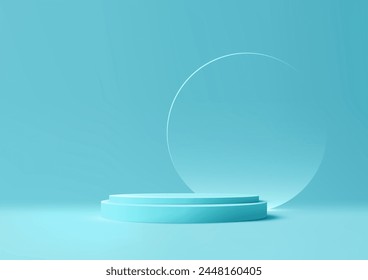 3D blue podium stand with circle glass backdrop is perfect for modern interior concept product display mockups. The stand is set on a floor and soft blue background. Vector illustration