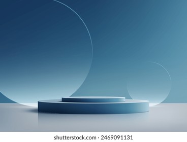 3D blue podium stand with circle glass backdrop is perfect for modern interior concept product display mockups. The stand is set on a floor and soft blue background