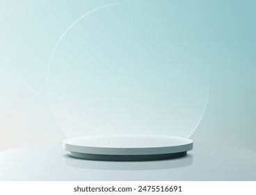 3D blue podium stand with circle glass backdrop is perfect for modern interior concept product display mockups. The stand is set on a floor and soft blue background