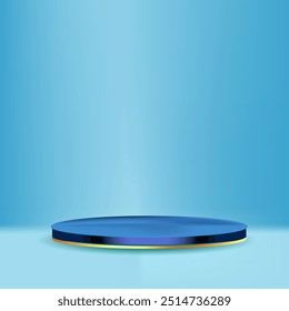 3D blue podium stand with circle glass backdrop is perfect for modern interior concept product display mockups. The stand is set on a floor and soft blue