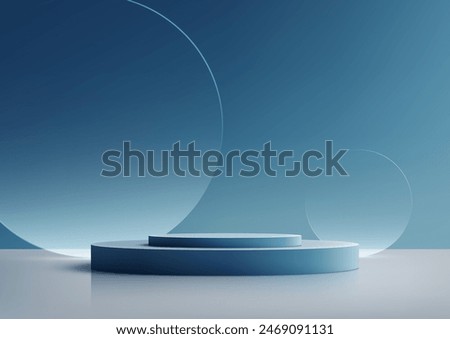 3D blue podium stand with circle glass backdrop is perfect for modern interior concept product display mockups. The stand is set on a floor and soft blue background