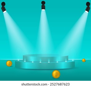3D blue podium stand with circular glass backdrop is perfect for modern interior concept product display templates. soft blue background.