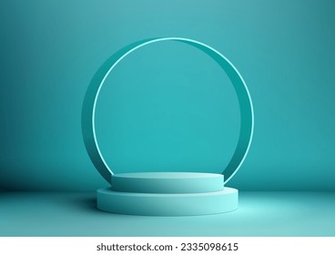 3D blue podium steps stand with circle backdrop is a minimalist vector illustration perfect for product display or marketing materials. Vector illustration