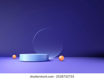 El podio azul 3D con círculo transparente y dos esferas naranjas se sienta sobre un fondo morado, mostrando cosméticos o productos en un estilo minimalista y moderno para marcas o maquetas