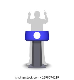 3d blue podium, white circle in the center and a human silhouette. Raised hands and fingers on a white background with shadows. EPS10