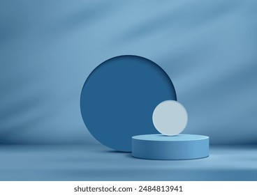 Podio azul 3D con fondo de círculo blanco en estilo moderno para la exhibición del Producto, maqueta y escaparate