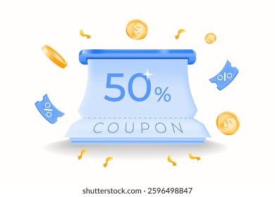 3d, Blue printed 50% discount coupon with coins and confetti. sales, special promotions, coupon code and e-commerce deals. digital vouchers, vector illustration