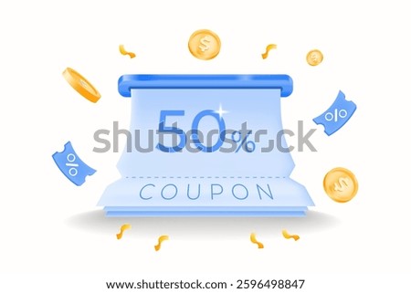 3d, Blue printed 50% discount coupon with coins and confetti. sales, special promotions, coupon code and e-commerce deals. digital vouchers, vector illustration