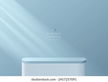 3D blue product podium background with natural lighting on empty blue wall. Abstract composition in minimal design. 3D studio showroom product pedestal, Fashion showcase mockup scene. Banner cosmetic.