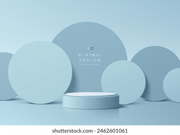 3D blue product podium background with layers circles backdrop. Abstract composition in minimal design. Studio showroom product pedestal, Fashion showcase mockup scene. Vector banner showcase design.