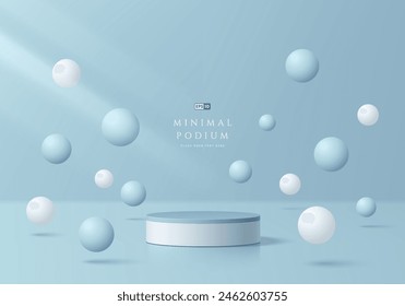 3D blue product podium background with white, blue bounce balls. Abstract composition in minimal design. Studio showroom product pedestal, Fashion showcase mockup scene. Vector banner showcase design.