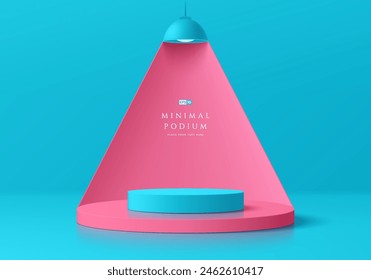 Fondo de podio de producto azul 3D con fondo de curva rosa, lámpara colgante. Composición Abstractas diseño mínimo. El pedestal del producto de la sala de exposición del estudio, escena de la maqueta del escaparate de moda. Escaparate de Anuncio de Vector.