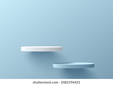 3D blue product podium set floating on the clean wall background. Abstract geometric composition in minimalist design. 3D studio display showroom product pedestal, Fashion stage showcase mockup scene.