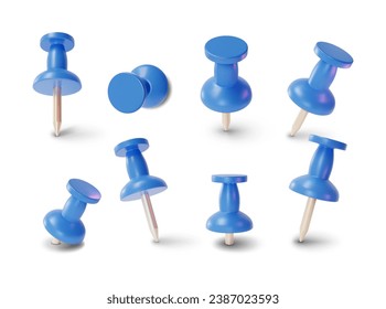 3d Blue Push Pins Set Different Angles Cartoon Style Element Business Stationery. Vector illustration of Pin Tool or Pushpin