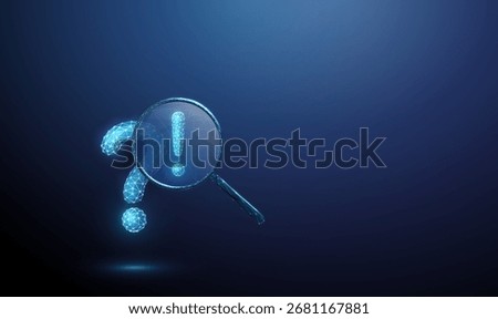 3d blue question mark under magnifying glass with exclamation mark inside Problem-solving, critical thinking, insight discovery, alert identification concept Low poly digital futuristic style. Vector.