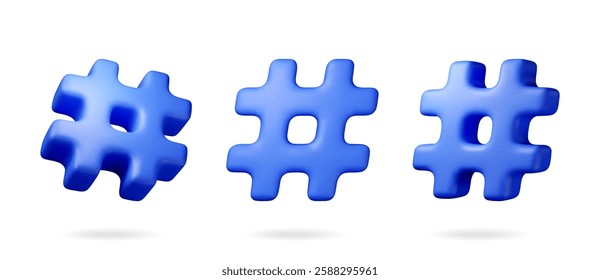 3d blue realistic hashtag symbol isolated on white. Render hash tag icon for social media. Chat message, communication, ad, search and online community. Blog and social network. Vector illustration