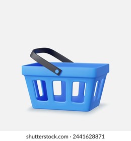 3d blue realistic shopping cart. Empty shopping basket. 3D Rendering. Vector illustration