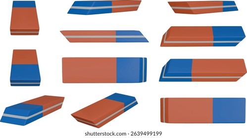3d blue and red eraser in different views. isolated 3d eraser realisitc illustration