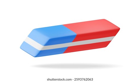 3D blue red rubber eraser isolated on white. Render two side eraser icon. Office or school supply, stationery and education. Vector illustration