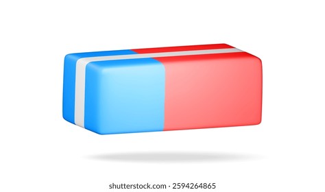 3D blue red rubber eraser isolated on white. Render two side eraser icon. Office or school supply, stationery and education. Vector illustration