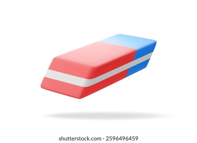 3D blue red rubber eraser isolated on white. Render two side eraser icon. Office or school supply, stationery and education. Vector illustration