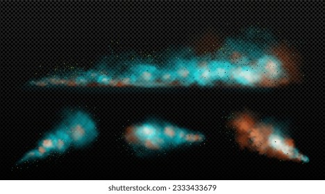 3d blue and red vector fluffy cloud smoke effect. Brush texture realistic abstract watercolour cumulus clouds set. Puffy soft border spray holi element for sky. Indian festive creative graphic splash