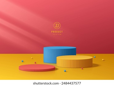 3D blue, red and yellow product podium background in colorful room. Abstract composition in minimalist design. 3D studio display showroom cosmetic product pedestal, Fashion stage showcase mockup scene