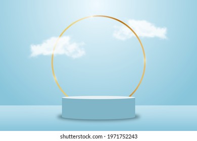 3d blue rendering with platform and realistic clouds, stage with empty pedestal and gold circle frame. Podium for product display show or place for presentation. Vector.