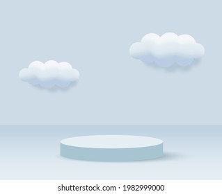 3d blue rendering with podium and minimal cloud scene, minimal product display background 3d rendered geometric shape sky cloud blue pastel. Stage 3d render in cloud product platform