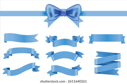 3D Blue ribbon banners collection. Big ribbons set. Ribbons collection isolated on white background. Royal ribbons set for promotion design. Vector graphic, stock illustration, girly vintage bow set.