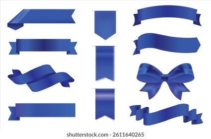 3D Blue ribbon banners collection. Big ribbons set. Ribbons collection isolated on white background. Royal ribbons set for promotion design. Vector graphic, stock illustration, girly vintage bow set.