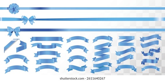 3D Blue ribbon banners collection. Big ribbons set. Ribbons collection isolated on white background. Royal ribbons set for promotion design. Vector graphic, stock illustration, girly vintage bow set.