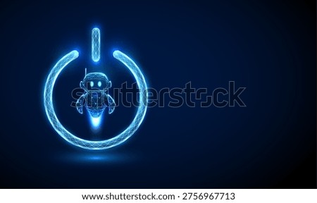 3d blue robot inside power button. AI activation, smart system startup, automated assistant launch, intelligent technology control, machine learning concept. Futuristic digital style. Vector.