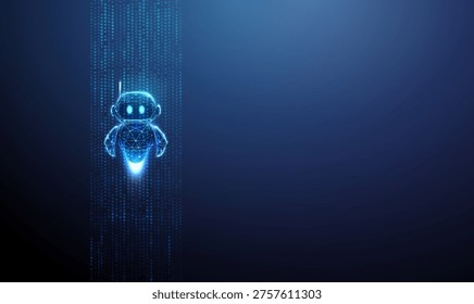 3d blue robot inside vertical stream of data points. AI data processing, machine learning flow, real-time analytics, intelligent system operation, automated data pipelines concept. Futuristic. Vector