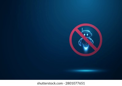 3D blue robot in a red prohibition sign. Ban on artificial intelligence, automation restriction, robotics regulation, machine control, forbidden technology concept. Digital futuristic style. Vector.
